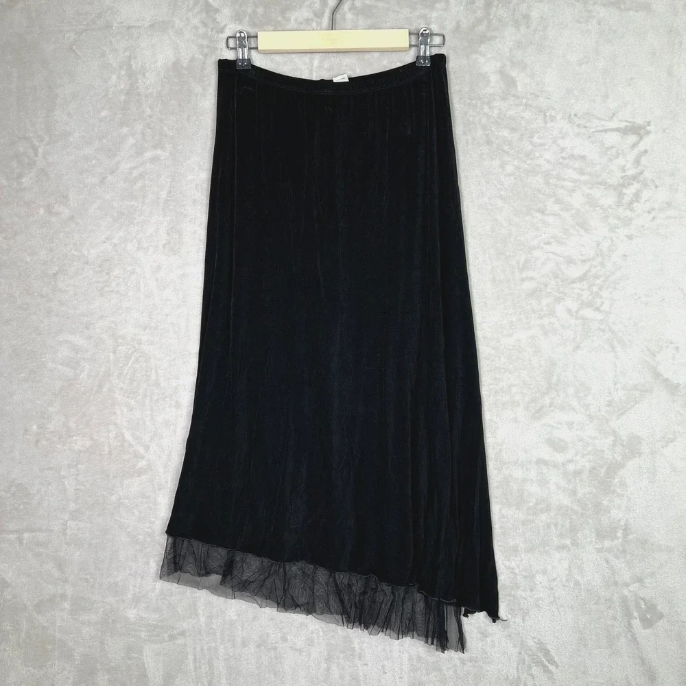 Chico's Travelers Black Asymmetrical Mesh Trim Midi Skirt Women's Size 1 (M)